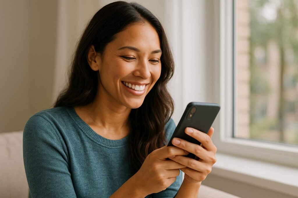 smiling woman looking at phone
